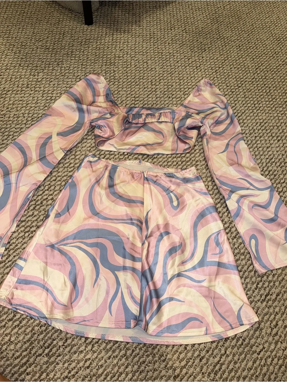 Princess Polly Pastel Swirl Mini Skirt and Top Set in Pink, Blue, Cream Size 10